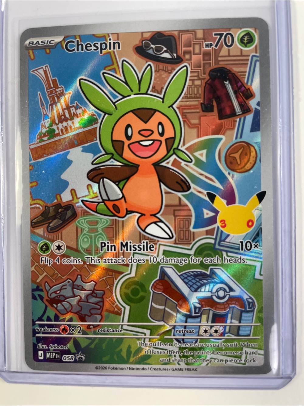 Pokemon Chespin Holographic Card - Green/Orange/Brown